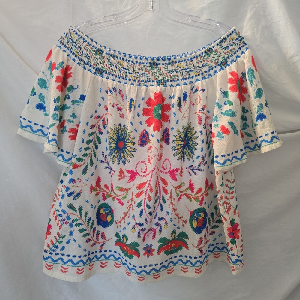 Flying Tomato Floral Off The Shoulder Top Textured Boho-chic Bell Sleeves Sz L - Picture 2 of 11